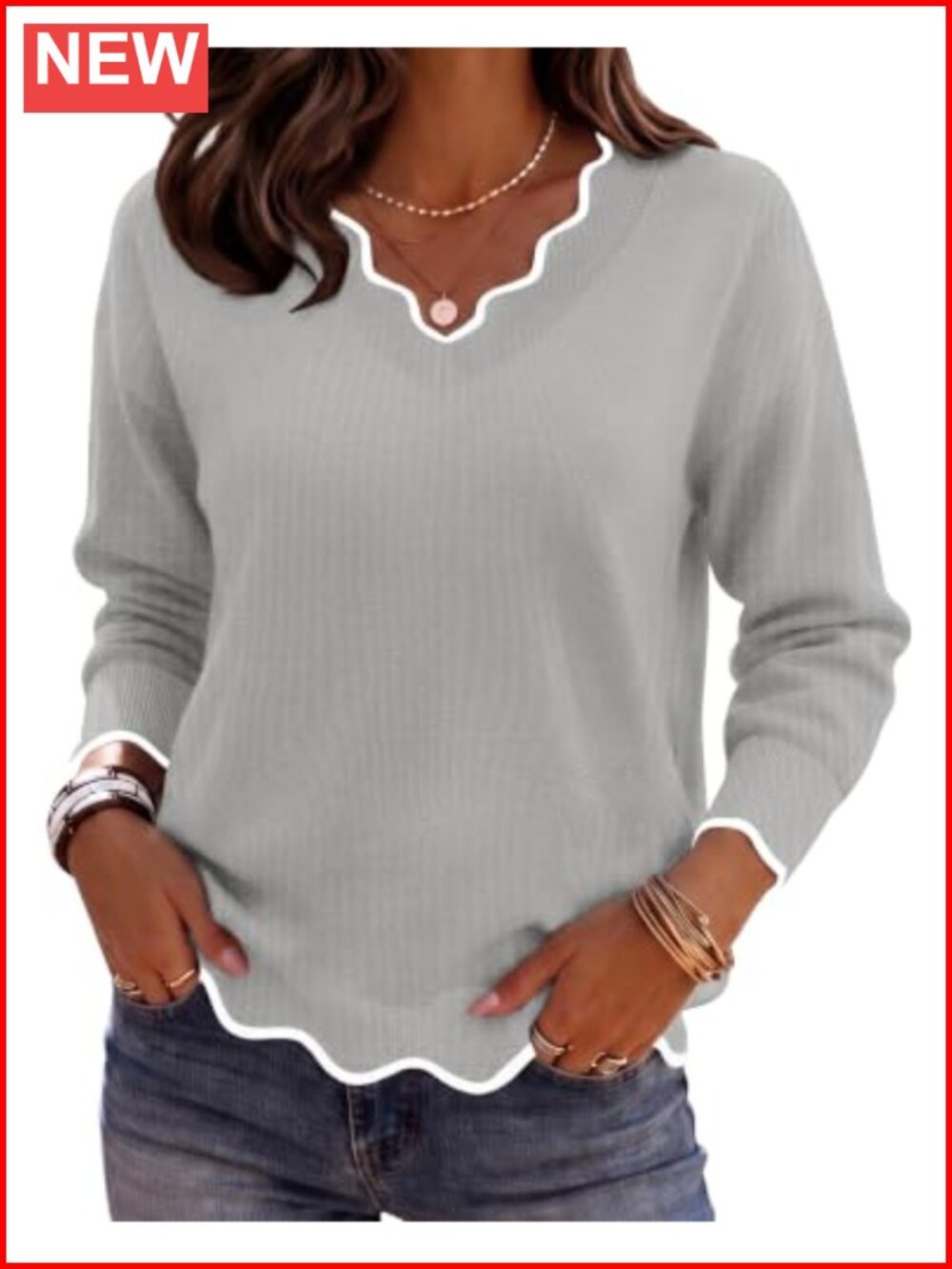 V Neck Long Sleeve Lightweight Knit Pullover Sweater Casual Loose Fit
